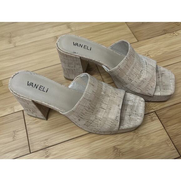 Van Eli Moyra Cork Sandals W/Chunky Heel Resort Wear Minimalist Elegance Sz 8 - Picture 1 of 4